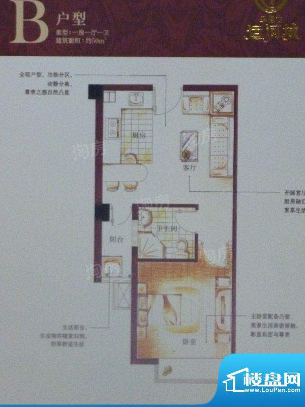 华德力运河城B户型1面积:50.00平米