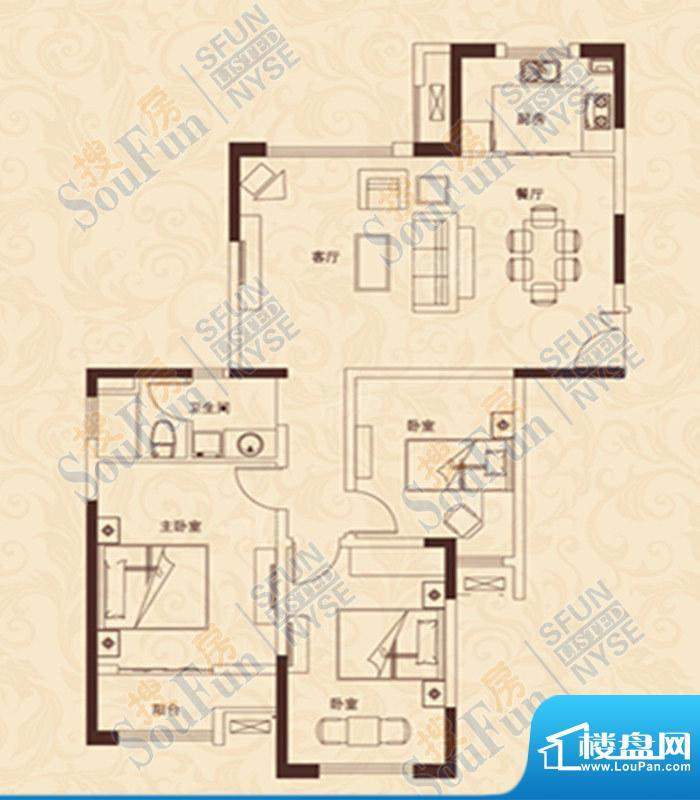 爱家豪庭A户型 3室2面积:122.00m平米