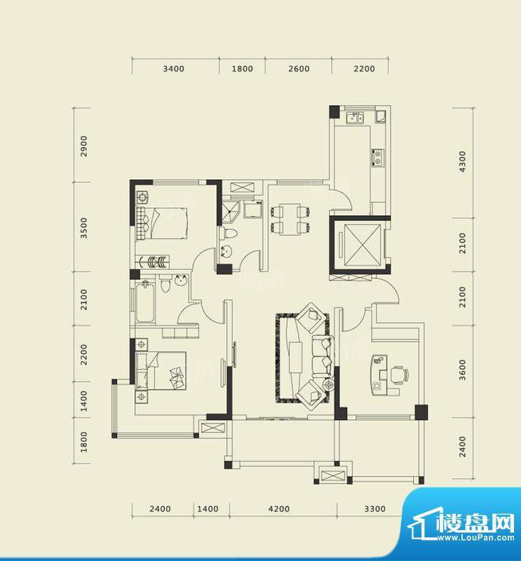 上城国际一期E户型 面积:132.74平米