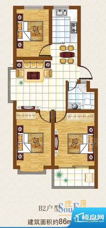 恒信潍城春天B2户型面积:86.00平米