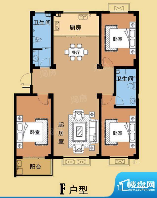 海盛花苑二期F户型标面积:131.03平米