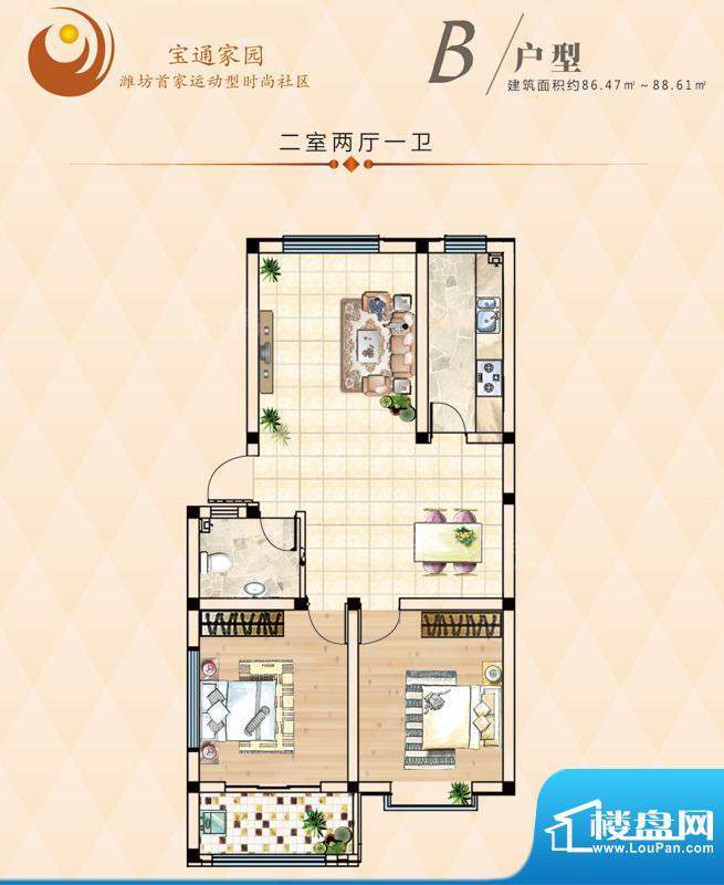 万基宝通家园B户型 面积:86.47平米