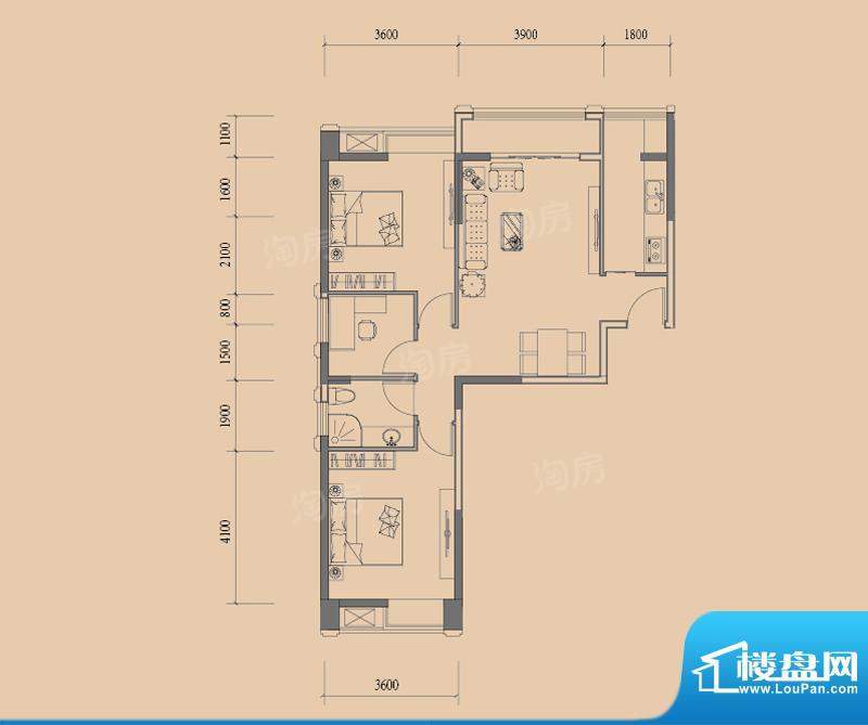德润左岸绿洲A2户型面积:107.00平米