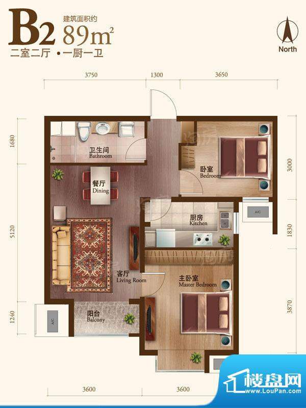 丽景长安B2 2室2厅1卫1厨面积:89.00平米