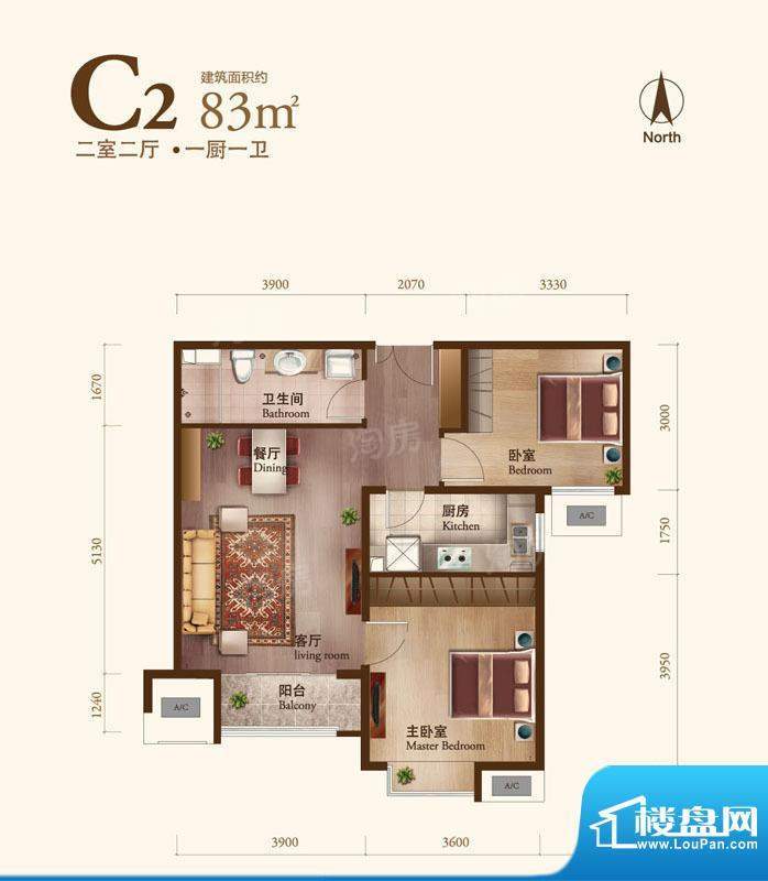 丽景长安C2 2室2厅1卫1厨面积:83.00平米