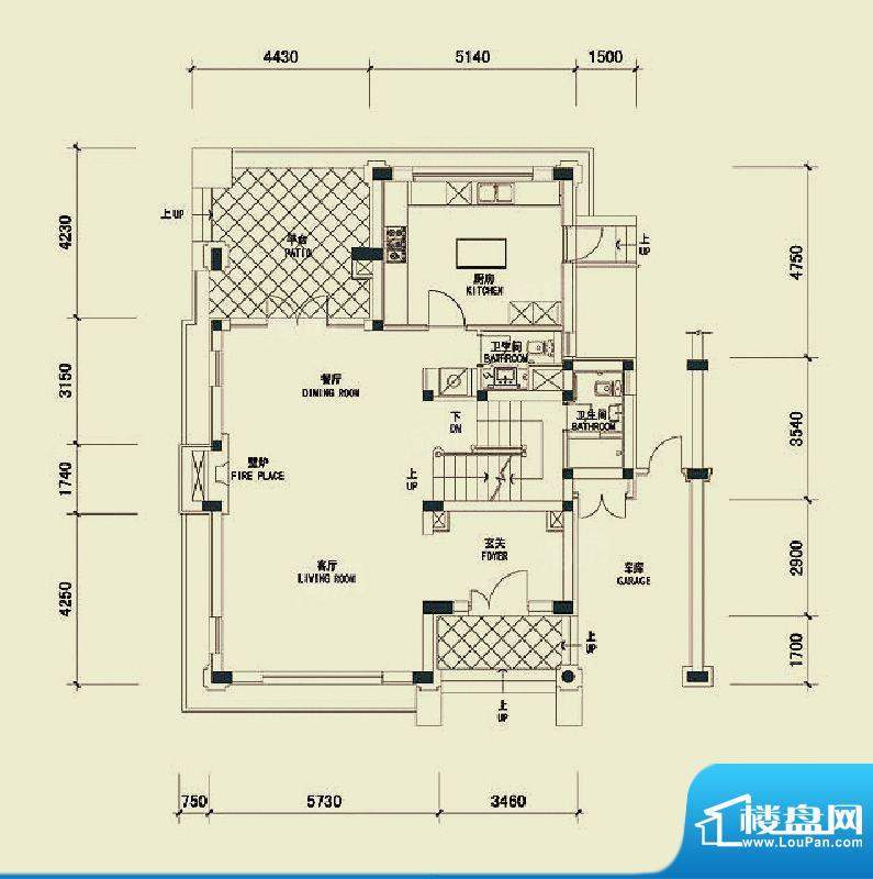 四季雅苑别墅B1户型一层平面图面积:275.00平米