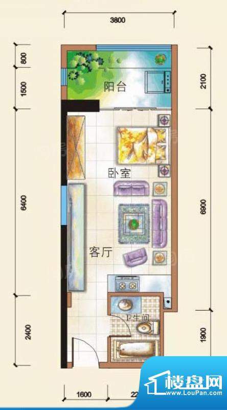 四季康城1栋A2户型 1室1厅1卫1面积:35.32平米