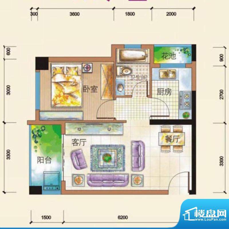 四季康城1栋A1户型 1室2厅1卫面积:45.61平米