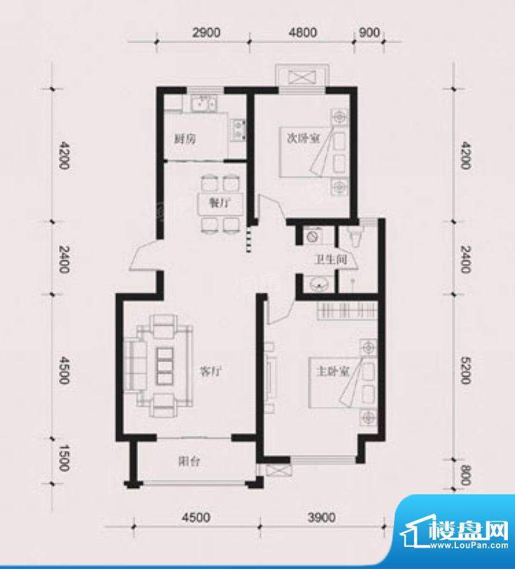 达美水岸一期B4户型 2室2厅1卫面积:97.00平米