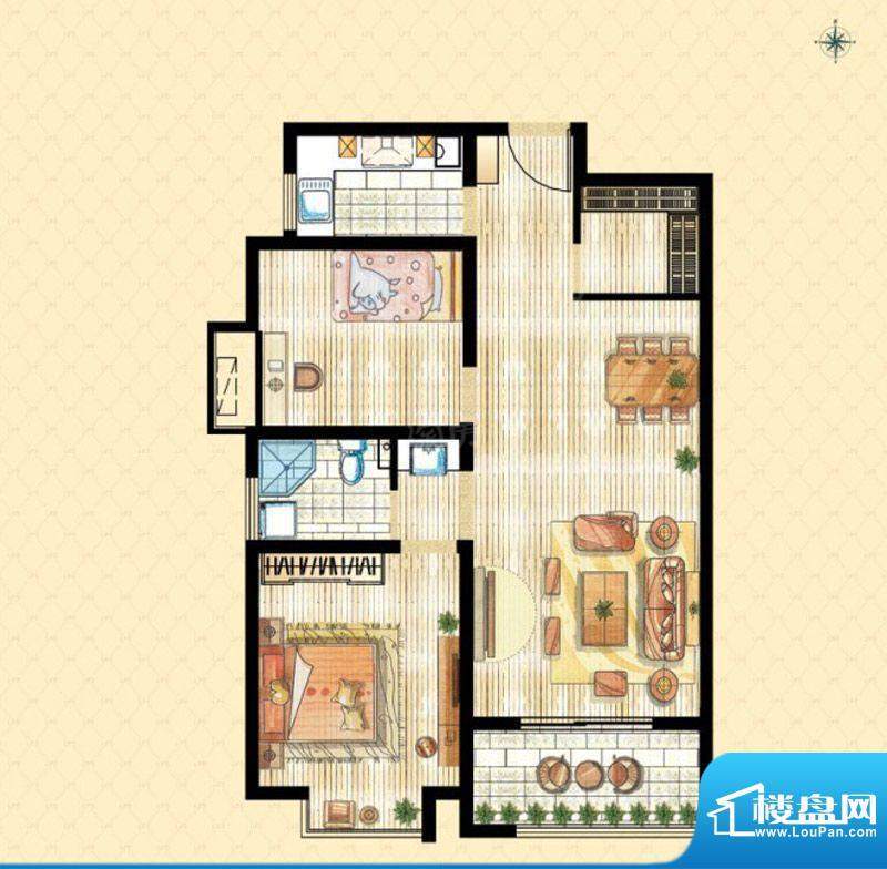 香溪左岸A3户型两室两厅一卫约面积:88.46平米