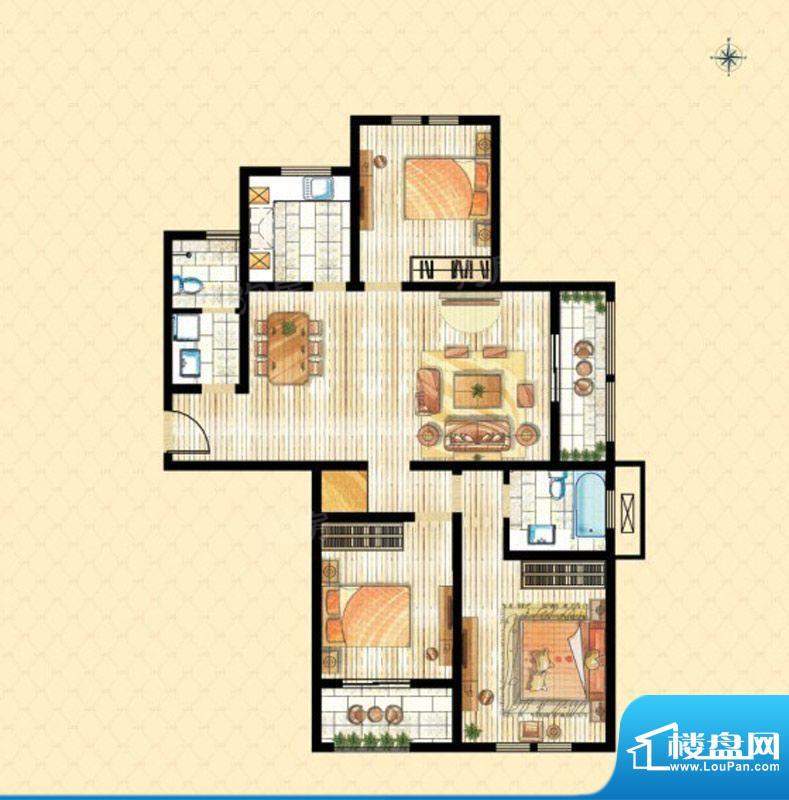 香溪左岸A1户型三室两厅两卫约面积:131.09平米