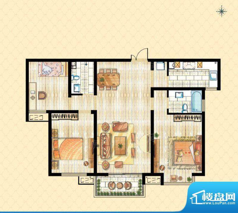 香溪左岸A2户型三室两厅两卫约面积:120.62平米