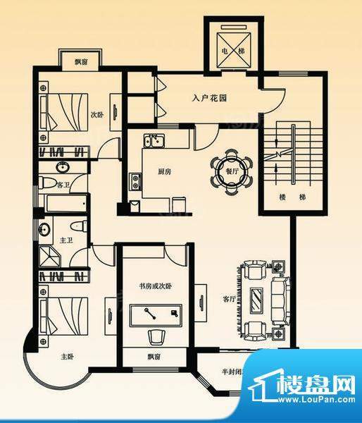 君廷湖畔13号楼 C1户型 3室2厅面积:135.00平米