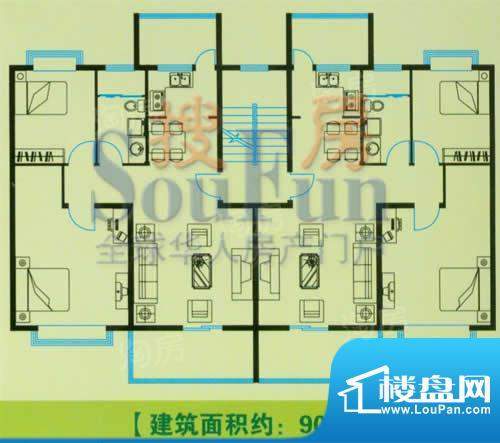淮海水岸春天户型图 2室2厅1卫面积:90.00平米