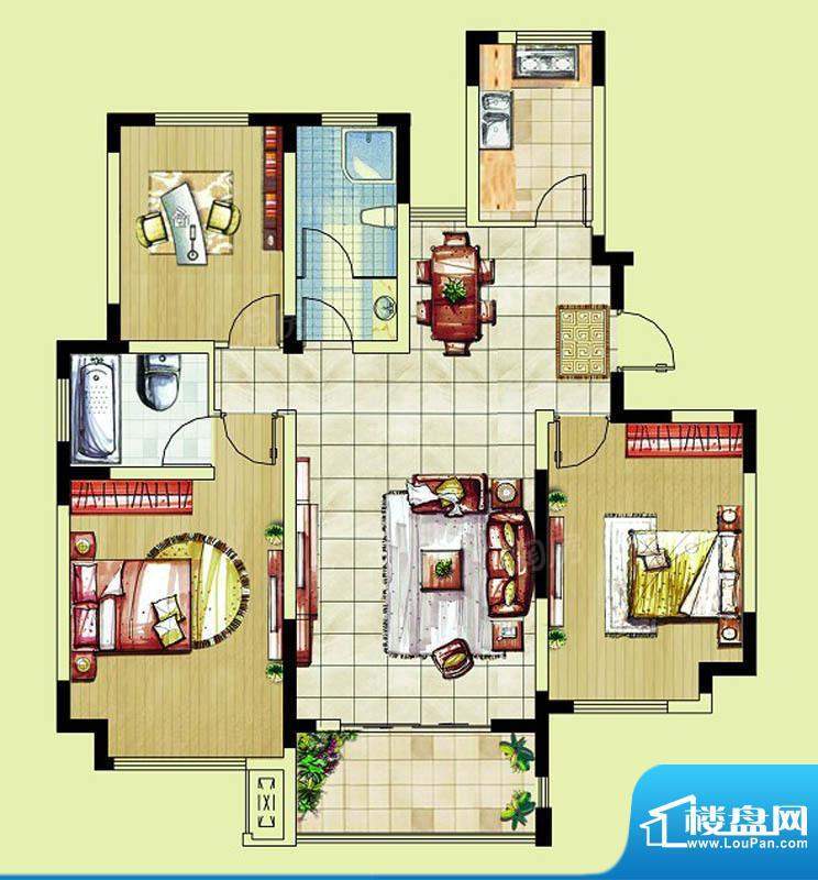 东南郡B1户型 3室2厅2卫面积:113.00平米