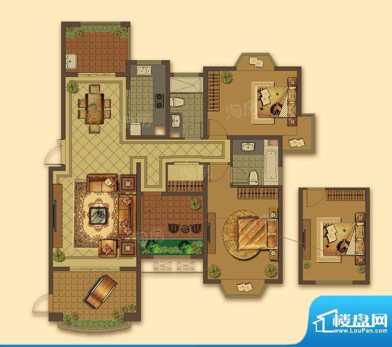 大名城户型图L1户型 3室2厅2卫面积:135.00平米