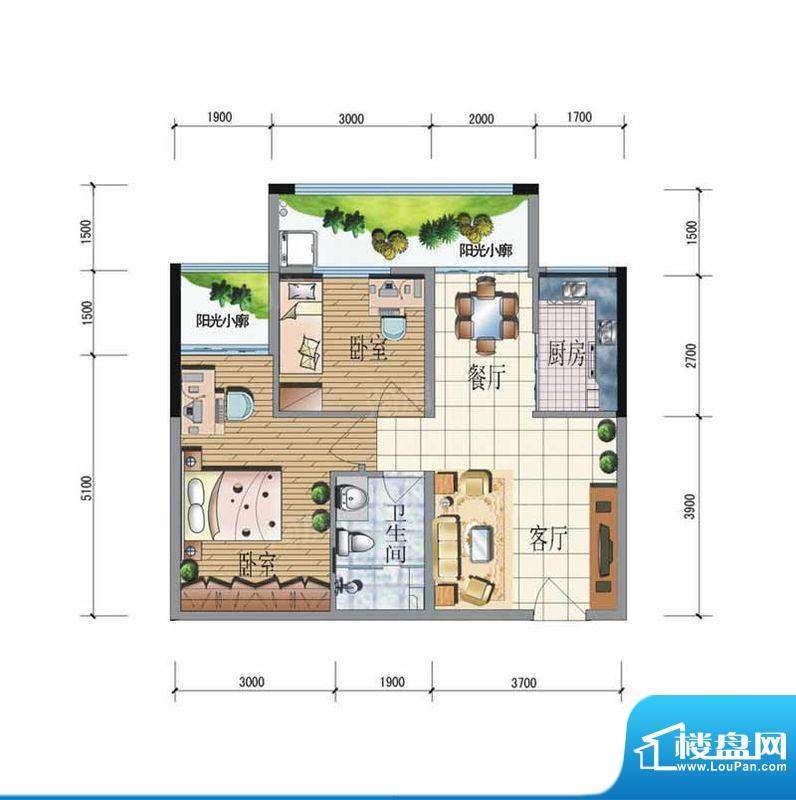 同德昆明广场户型图1-C3户型2室面积:74.04平米