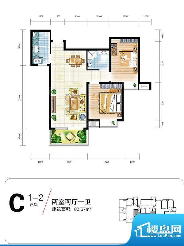 中宏新界户型图C1-2户型图 2室面积:82.67平米
