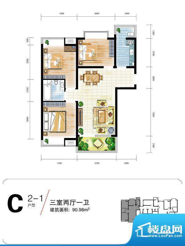 中宏新界户型图C2-1户型图 3室面积:90.98平米