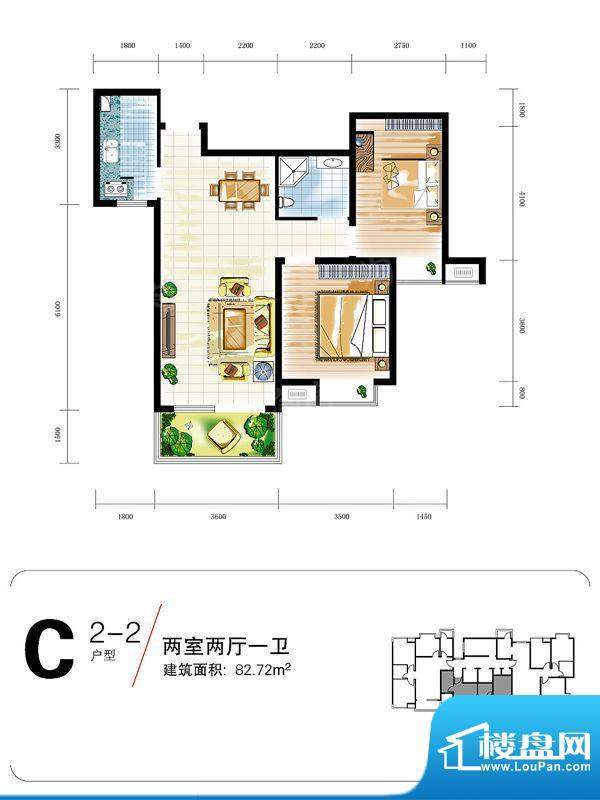 中宏新界户型图C2-2户型图 2室面积:82.72平米