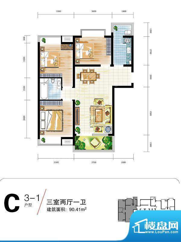 中宏新界户型图C3-1户型图 3室面积:90.41平米