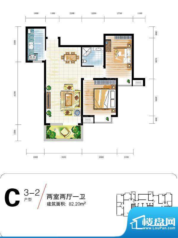 中宏新界户型图C3-2户型图 2室面积:82.20平米